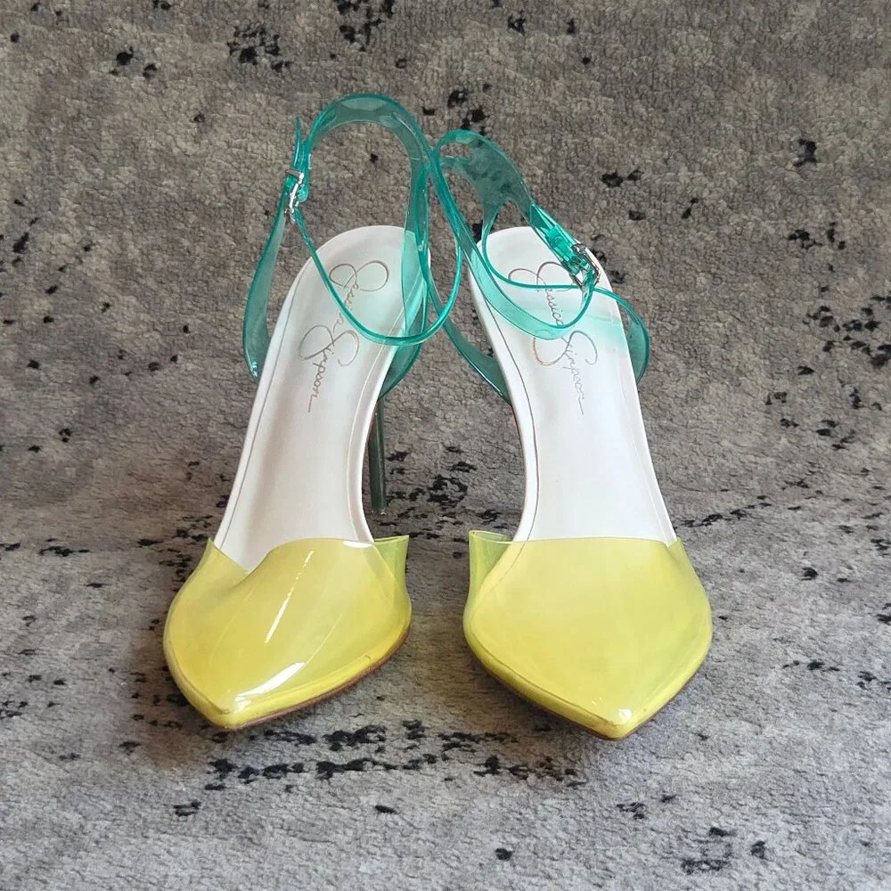 Jessica Simpson Pirrie Clear Yellow Ankle Strap Slingback Pumps Stilettos 12 - Picture 3 of 7